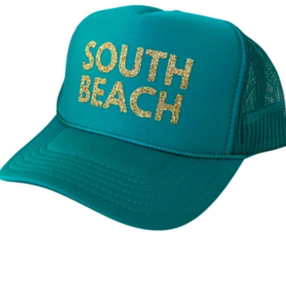 Teal Snap Back Trucker Hat SOUTH BEACH Gold Glitter Font BRAND NEW